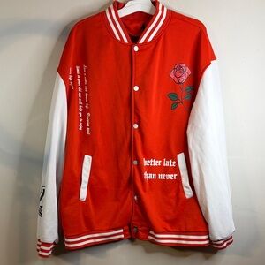 Men Rose & Slogan Graphic Striped Trim Drop Shoulder Varsity Jacket Size XXL #73